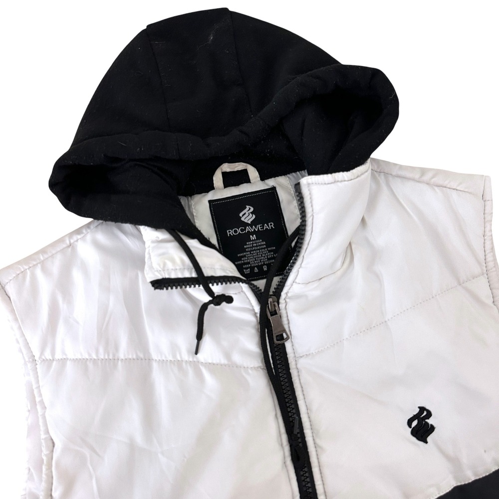 Vintage Rocawear Puffer Vest Men Black White Hooded Colorblock Quilted M